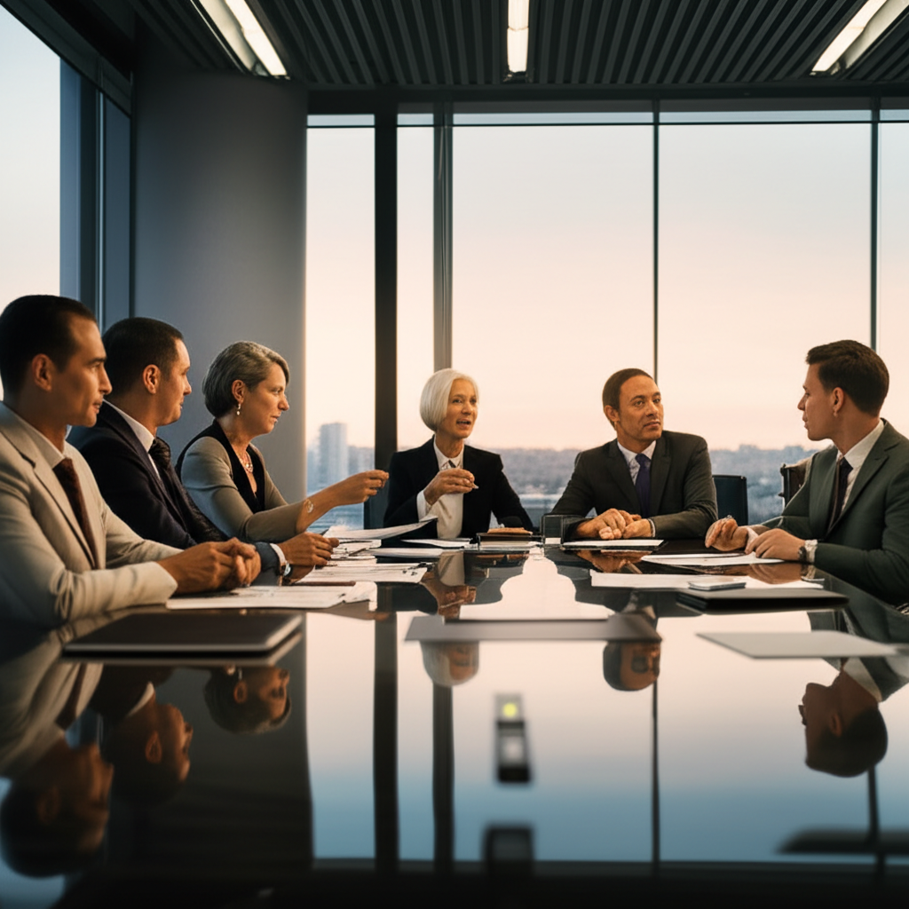 Encorp Capital investment strategy meeting with executives discussing fintech portfolio growth and strategic planning