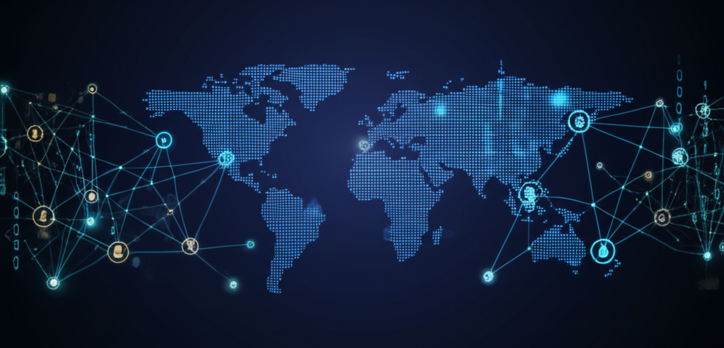 Financial innovation and technology visualization showing global fintech networks and digital transformation in financial services